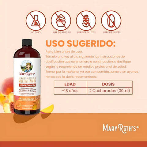 Multivitamínico Líquido 1000 ML Mary Ruth's con Lustriva® y Biotina 10.000 mcg – Crecimiento Capilar, Salud de la Piel y Bienestar Diario